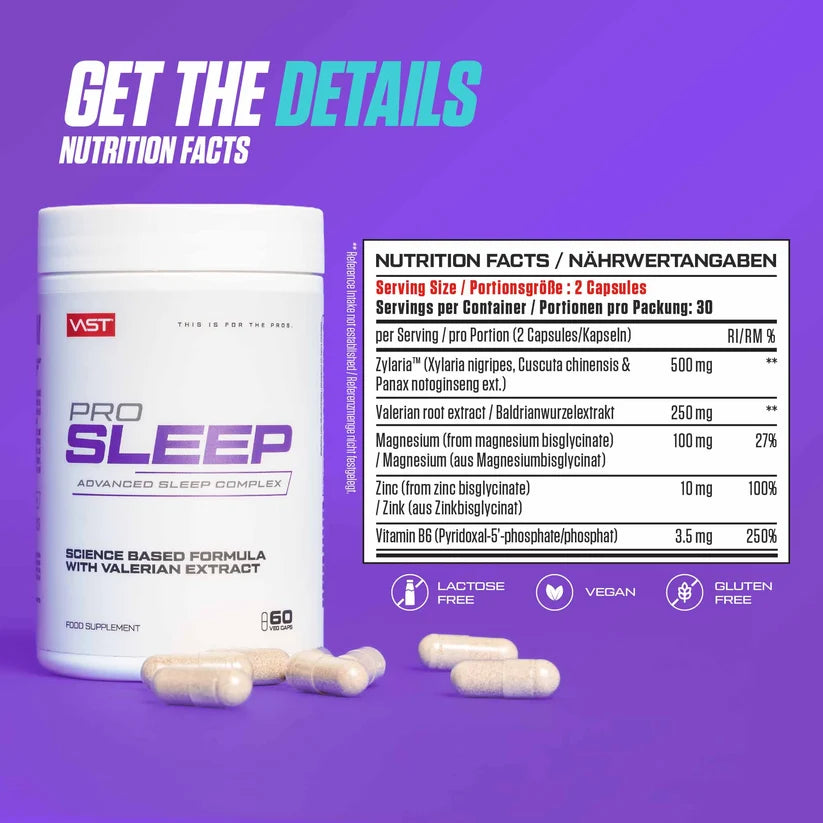 VAST PRO Sleep Schlaf- und Erholungskomplex, 60 Kapseln, zeigt die Verpackung mit Kapseln und Produktbeschreibung.