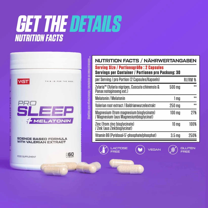 VAST PRO Sleep + Melatonin Schlaf- und Erholungskapseln, natürliche Schlafhilfe mit Melatonin, 60 Kapseln