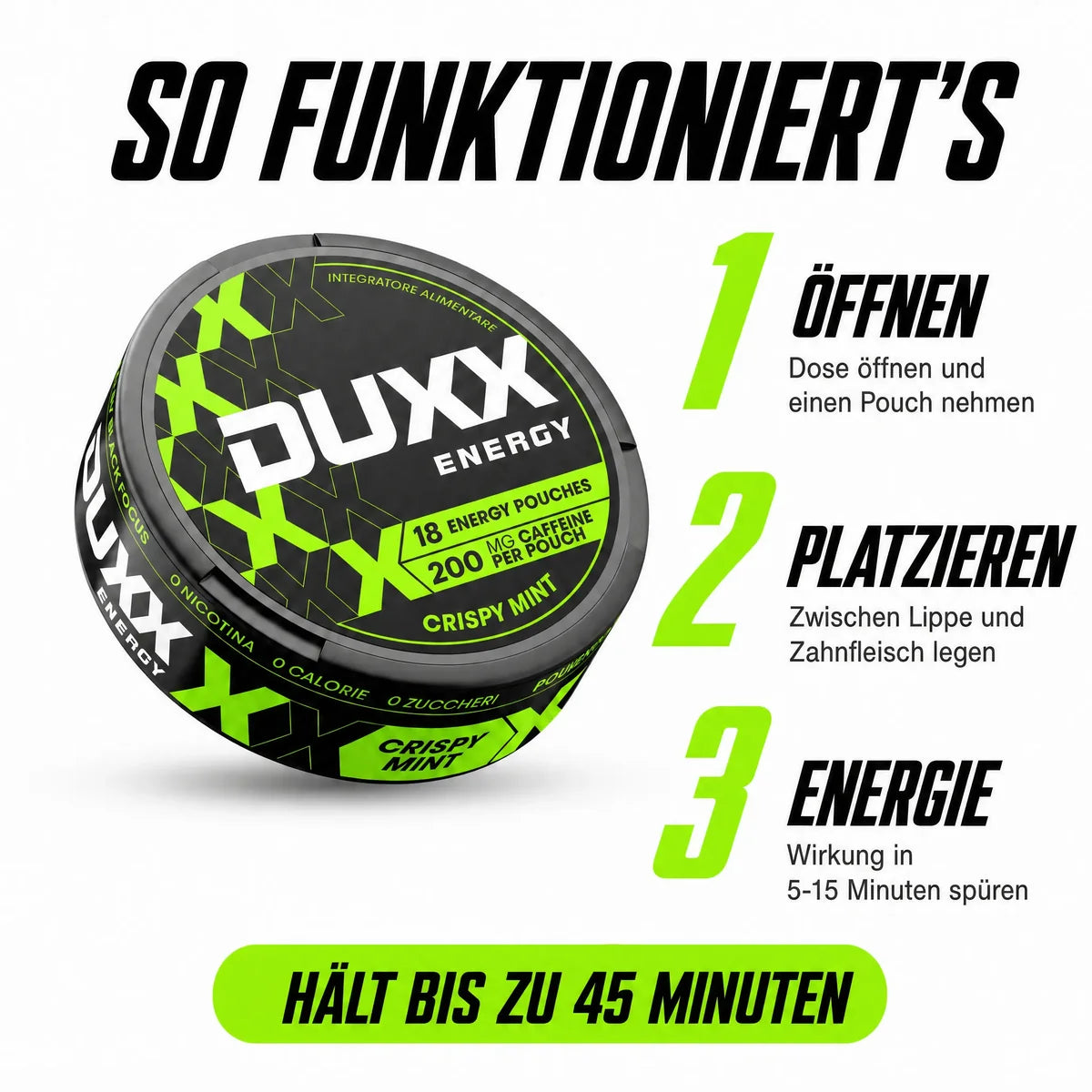 DUXX Energy Pouches Koffein Pouches für Energie & Fokus | 18 Stück