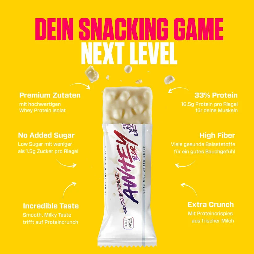 VAST AWHEY Proteinriegel White Chocolate Pistachio, 50 g, mit weißer Schokolade und Pistazien, liegt auf weißem Hintergrund