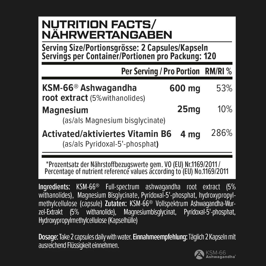 VAST Ashwagandha 600 PRO KSM-66® vegane Kapseln zur Förderung von Schlaf und Erholung, dunkelbraune Kapseln in einer Verpackung