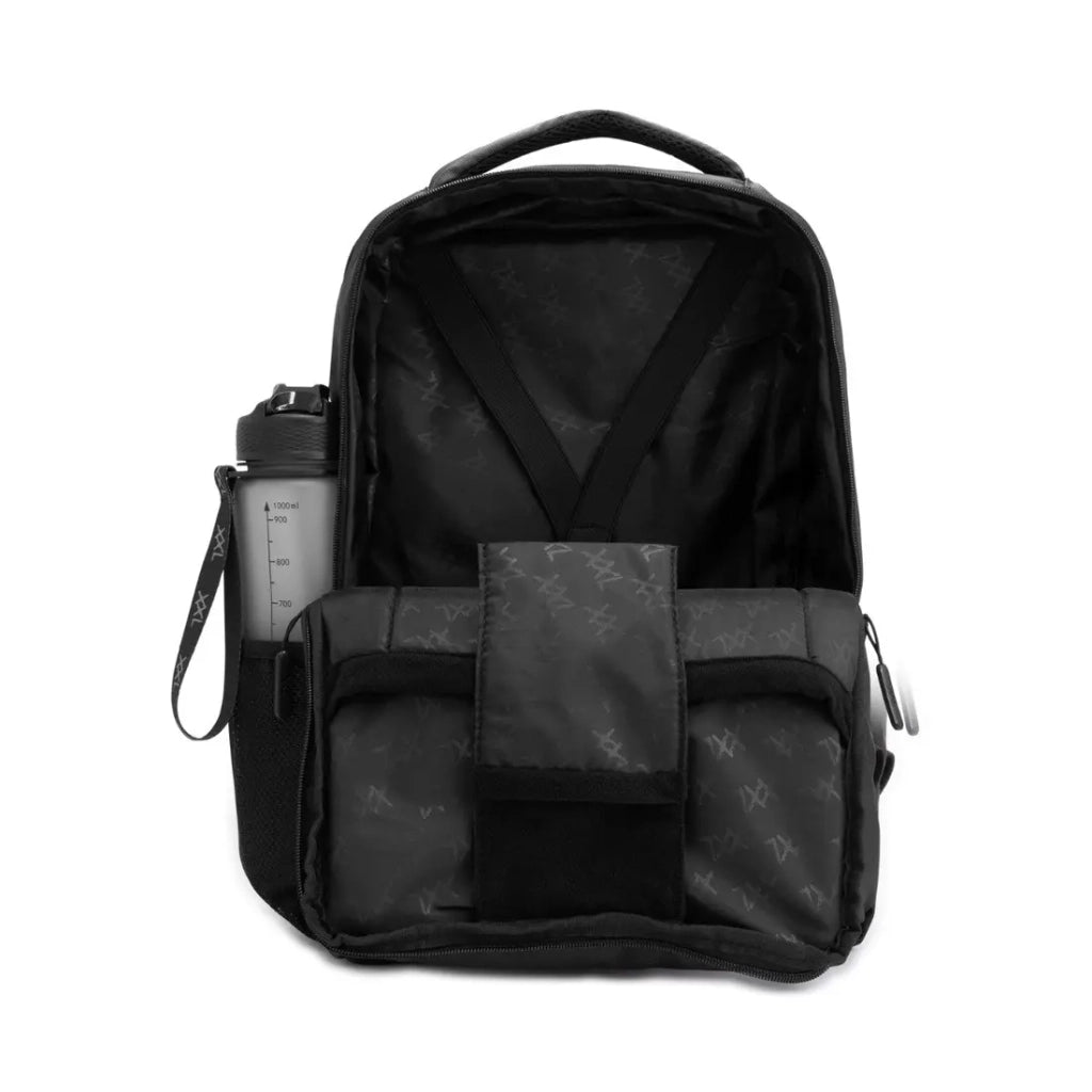 Großer XXL Nutrition Rucksack 2.0, erweiterbarer Fitness- und Lifestyle-Rucksack, schwarzes Design mit mehreren Fächern