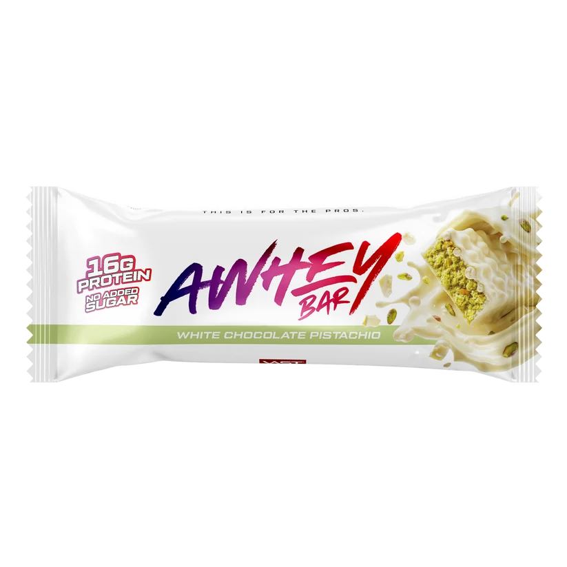 VAST AWHEY Proteinriegel White Chocolate Pistachio, 50 g, mit weißer Schokolade und Pistazien, Ansicht von vorne.