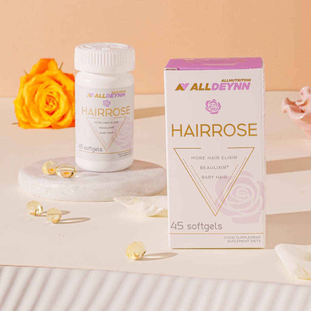 Dunkelbraune Haar-Kapseln von ALLDEYNN ALLNUTRITION ALLDEYNN HAIRROSE, 45 Stück, mit natürlichen Inhaltsstoffen.