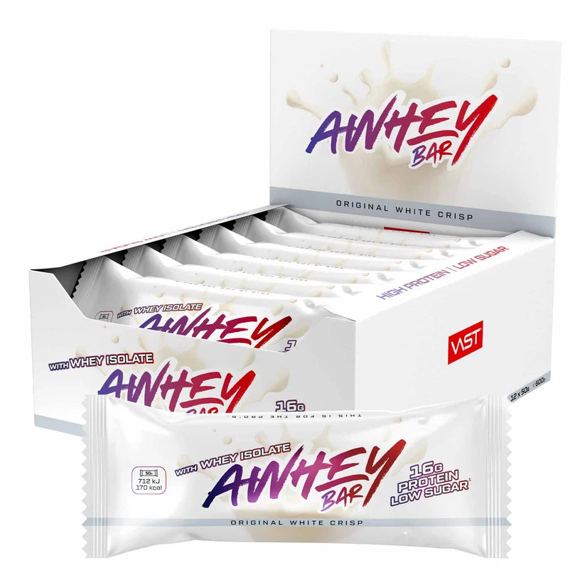 VAST AWHEY Riegel, Original White Crisp, 50 g, knusprige Proteinbar in weißer Verpackung, ideal für unterwegs.