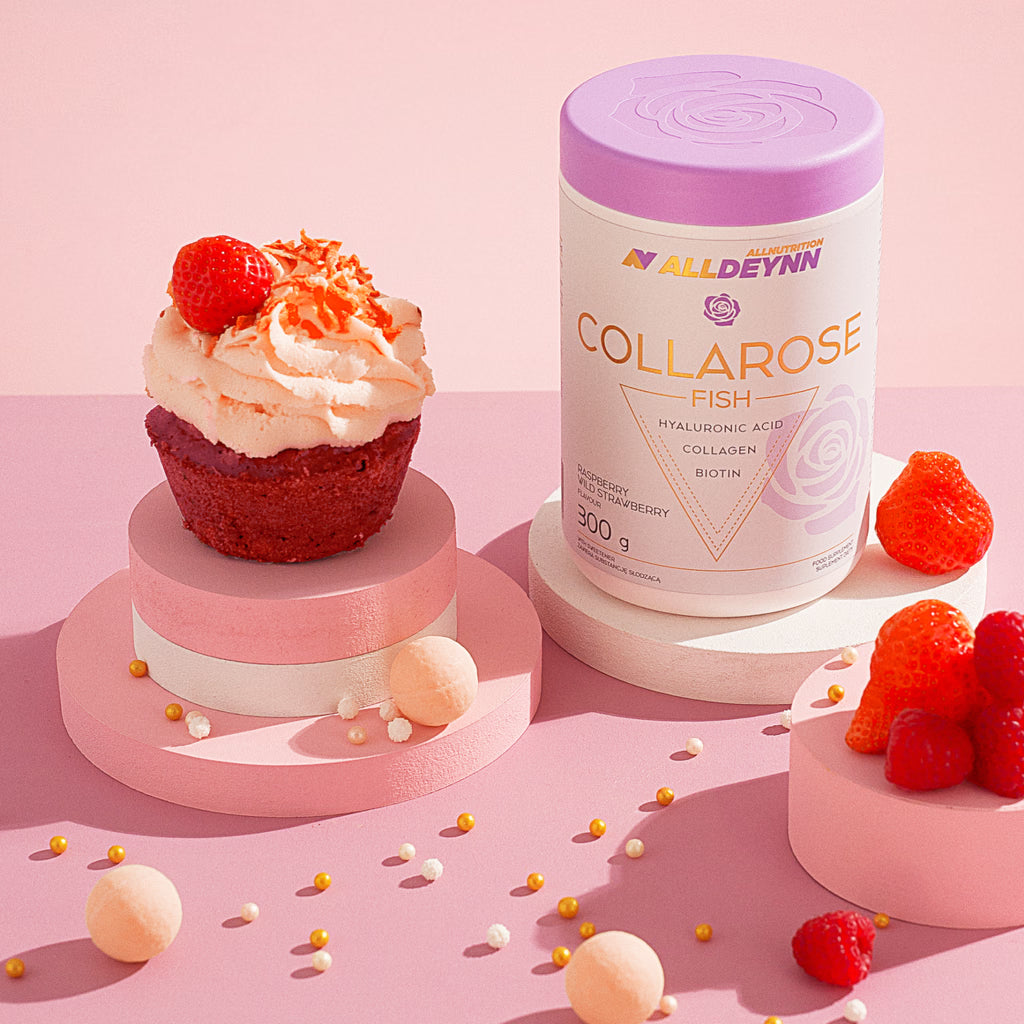 ALLNUTRITION ALLDEYNN COLLAROSE FISH Beauty- und Haarpflege, 150g, zeigt die Produktverpackung mit rosa Akzenten.