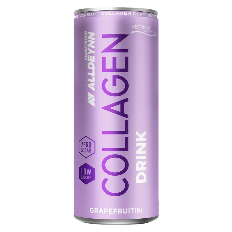 Allnutrition Alldeynn Collagen Drink 330ml Grapefrutini in einer Flasche mit rosa Grapefruitsaft, sichtbar im Bild