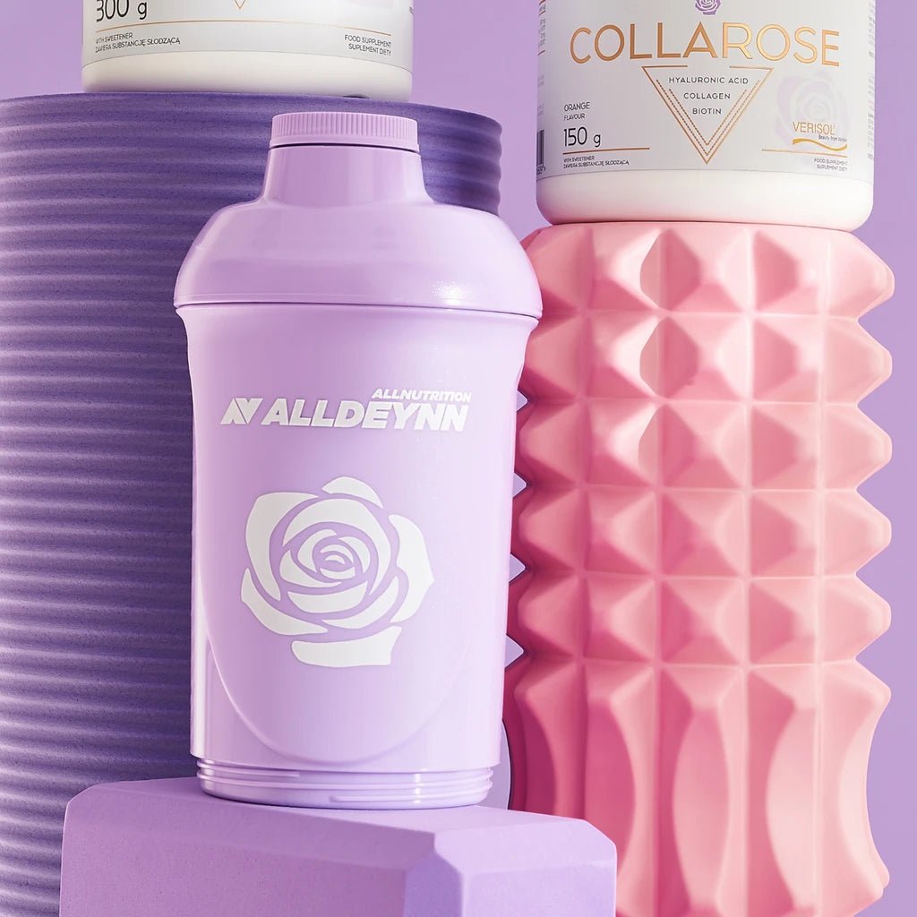 Weiße ALLNUTRITION ALLDEYNN Shaker 600+350ml, langlebig und ideal für Sportgetränke, aus robustem Kunststoff gefertigt