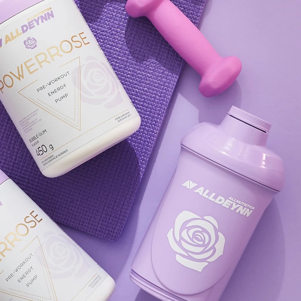 Weiße ALLDEYNN ALLNUTRITION Shaker 600+350ml mit Messskala, ideal für Fitness- und Proteinshakes