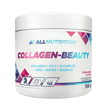 ALLNUTRITION Collagen Beauty mit Erdbeer-Geschmack, 158g, sichtbar in der Verpackung mit Erdbeeren und Collagen-Pulver.