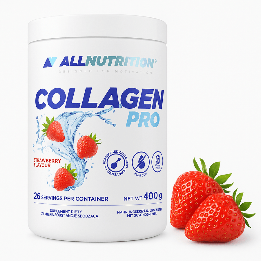 Allnutrition Collagen Pro Kollagen mit Vitaminen und Adaptogenen, 400g, in einer offenen Packung mit Pulver.