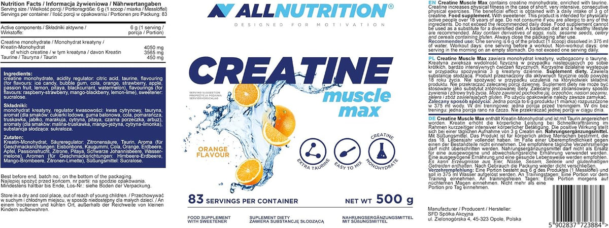 AllNutrition Creatine Muscle Max 500 g in Orange, Pulver für Muskelkraft und Leistungssteigerung, hochwertiges Nahrungsergänzungsmittel