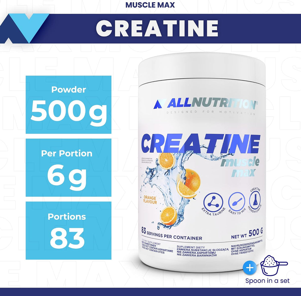 Allnutrition Creatine Muscle Max 500 g in Orangeschale, Pulver für Muskelaufbau und Leistungssteigerung