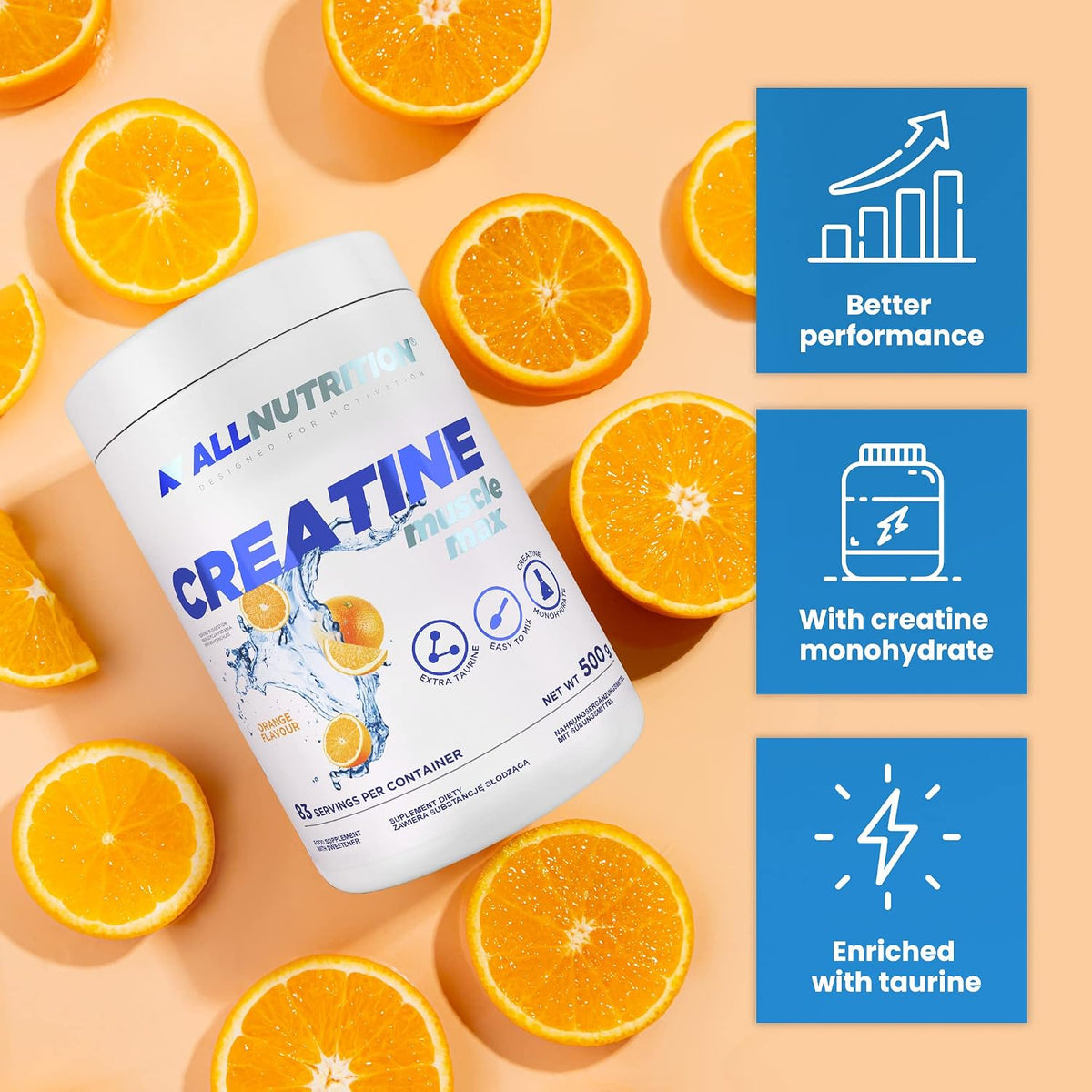 Allnutrition Creatine Muscle Max Pulver in Orangengeschmack, 500 g, sportliches Nahrungsergänzungsmittel für Muskelenergie