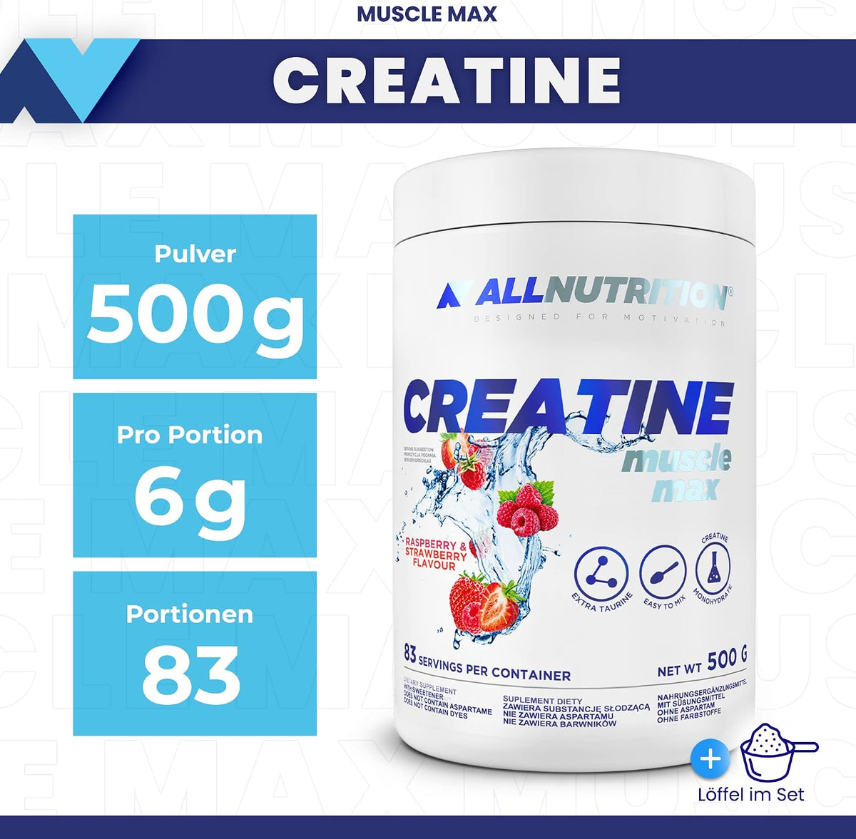 ALLNUTRITION Creatine Muscle Max in Erdbeergeschmack, 500 g Dose, hochwertiges Sportsnahrungsmittel für Muskelaufbau