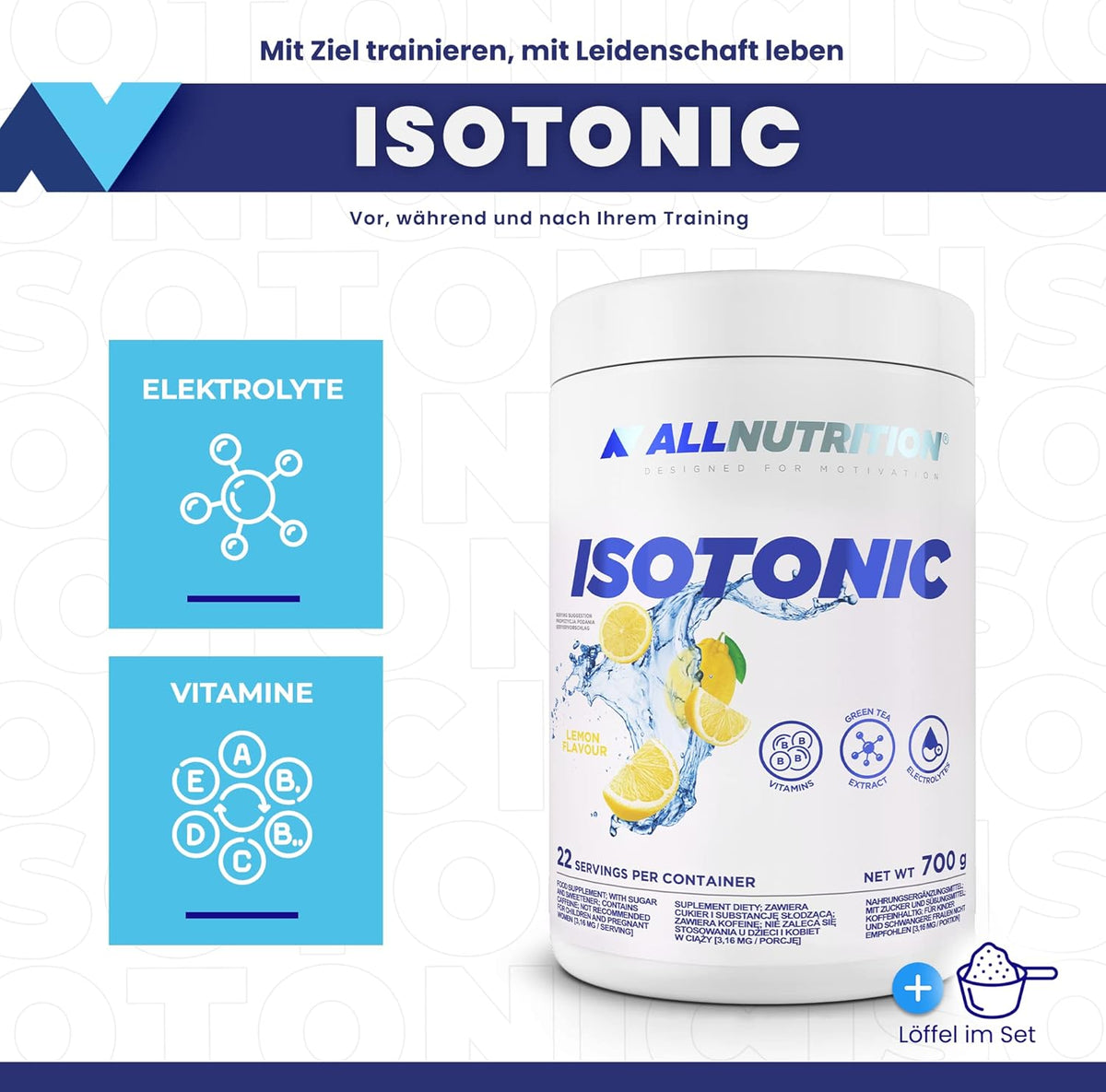 ALLNUTRITION Isotonic Getränkepulver Lemon, 700 g, für Sport und Erholung, in Pulverform, ideal für Hydration.