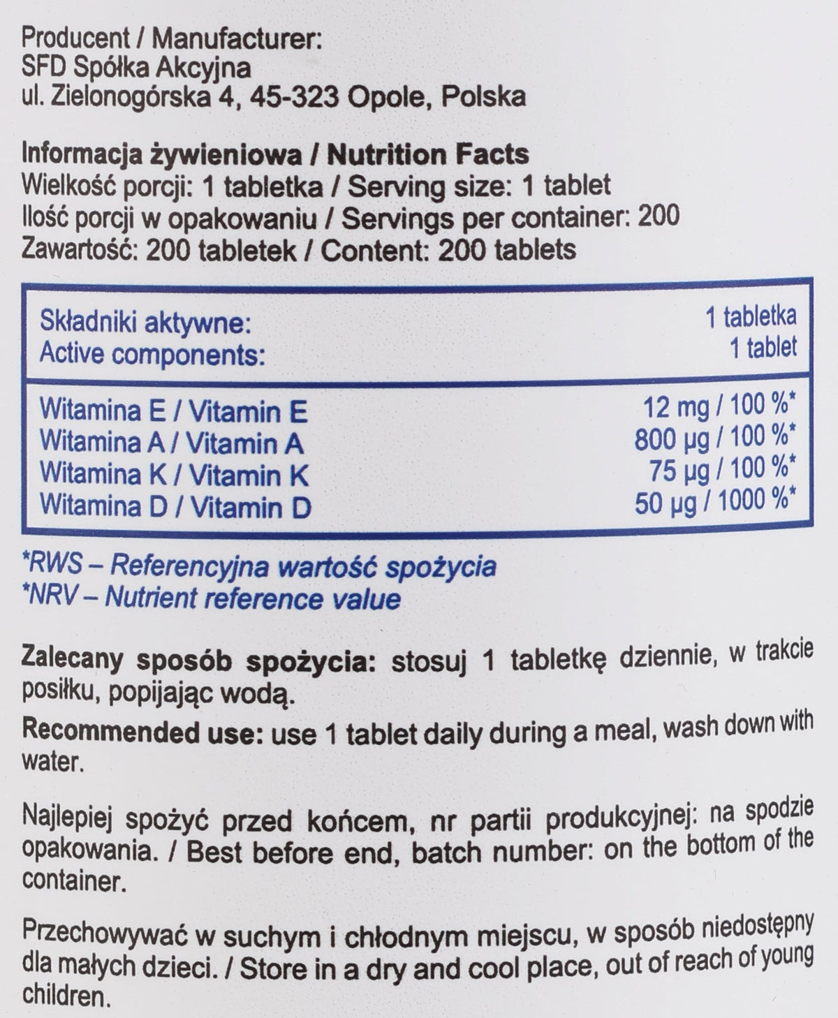 Allnutrition SFD Vitamin Komplex A-D-E-K für Knochen und Gelenke, ebene Ansicht der Packung mit Produktename