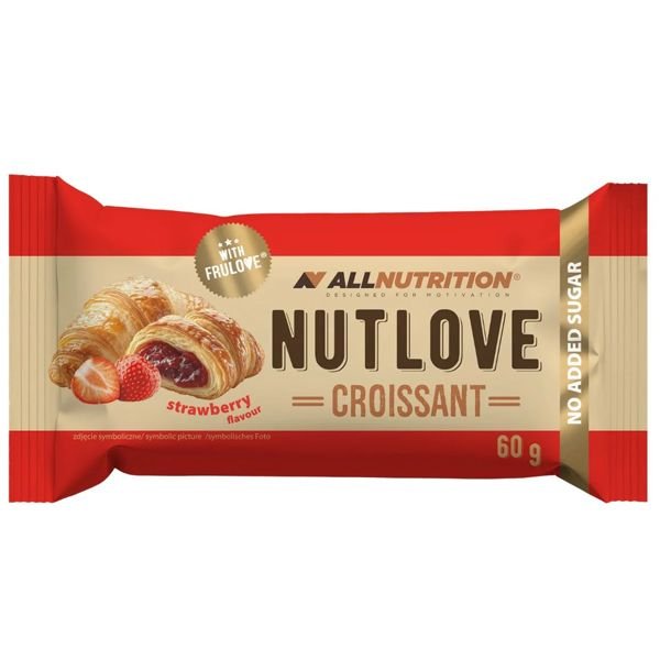 Allnutrition NUTLOVE Croissant mit Erdbeergeschmack, saftiger Snack mit fruchtigem Erdbeeraroma, goldbraune Croissant-Form.