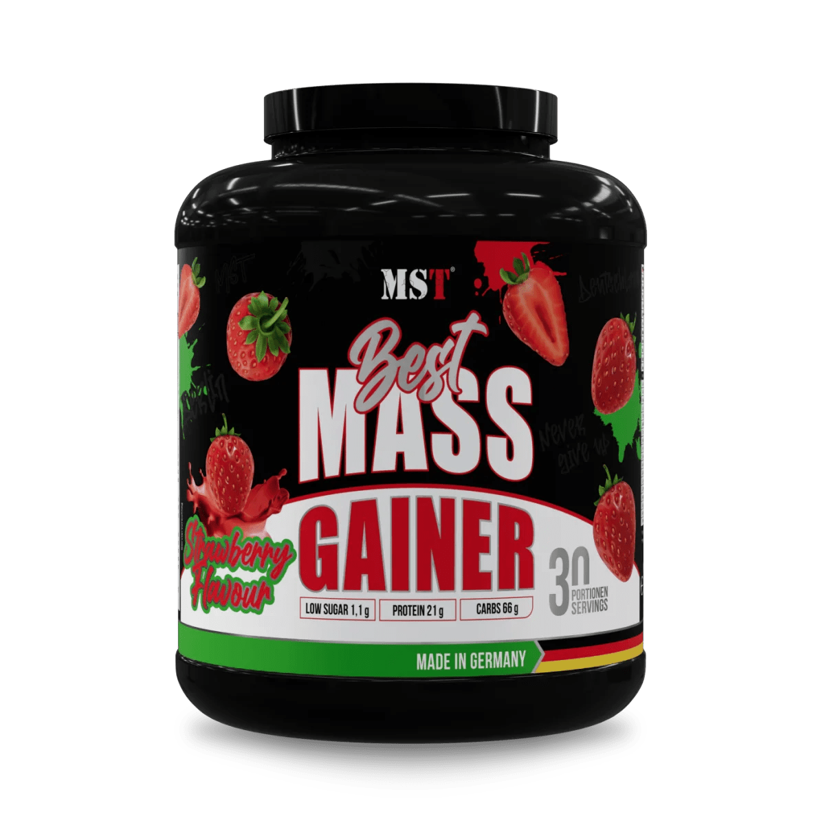 MST Best Mass Gainer 3 kg in Erdbeergeschmack, cremige Protein- und Kohlenhydratmischung für Muskelaufbau.