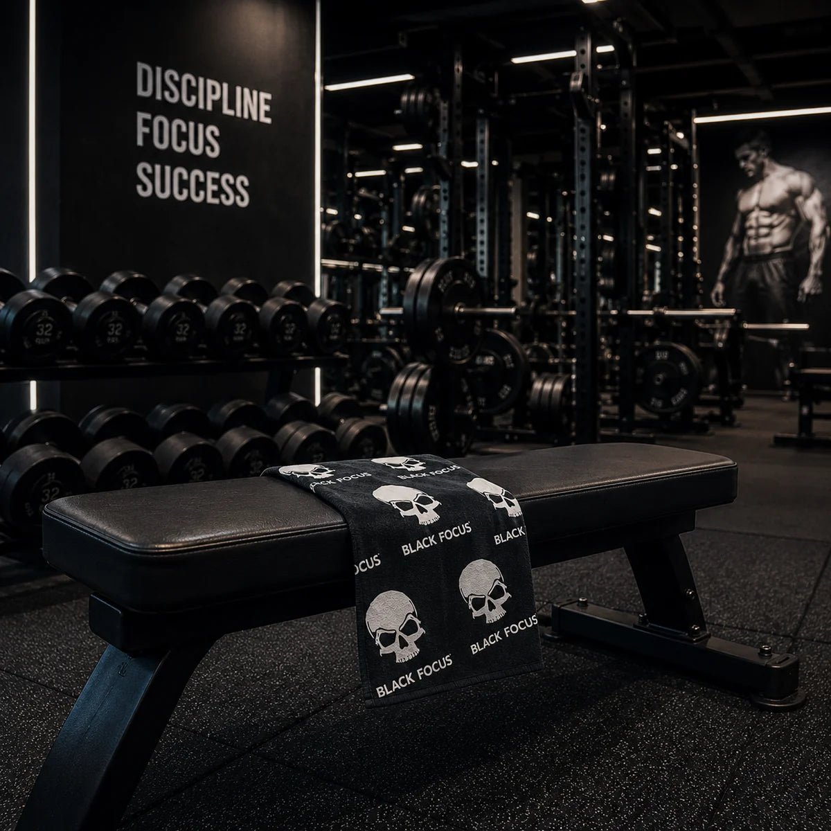 Schwarzes Black Focus Gym Handtuch aus Mikrofaser, ideal für Fitness und Sport, zeigt das Tuch in Nahaufnahme.