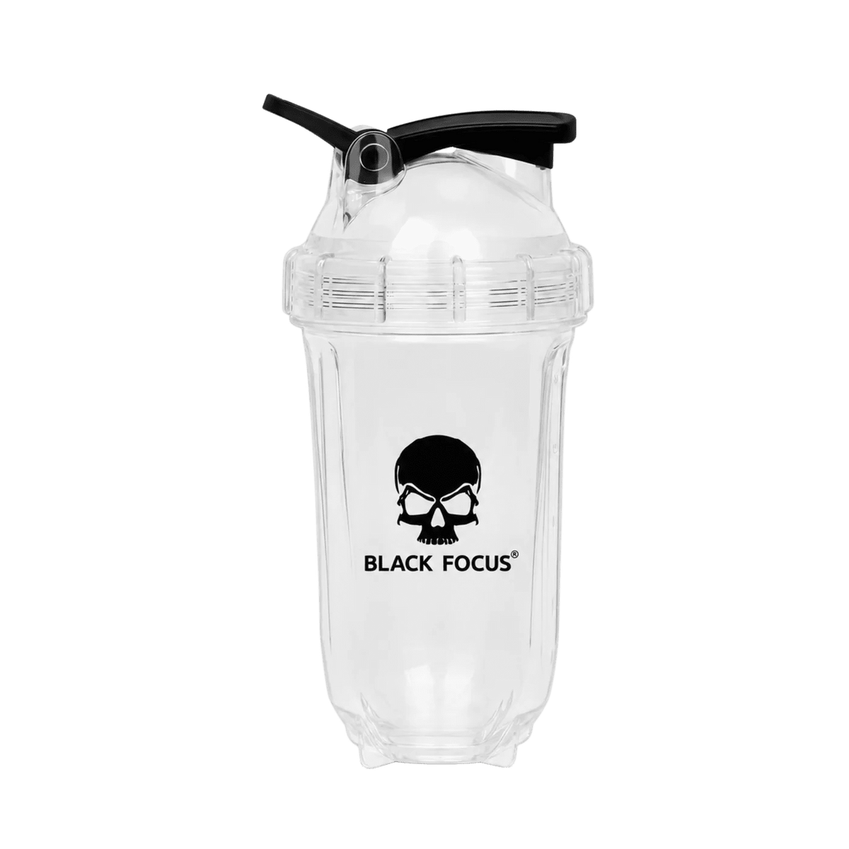 Schwarzer Black Focus Pro Shaker mit langlebigem Kunststoffdeckel und Messskala für Proteinshakes und Getränke.