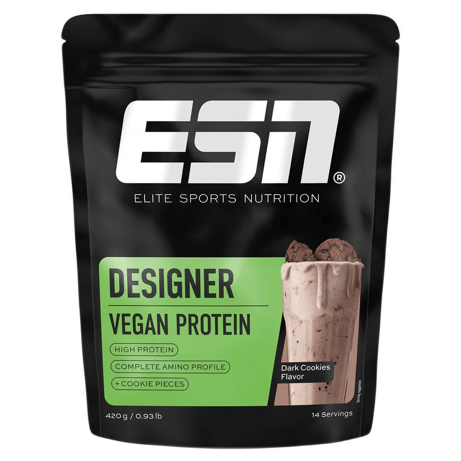 Veganer Proteinriegel Designer Vegan Protein 2.0 Dark Cookies von ESN in 420g Beutel, cremige dunkle Kekse-Note