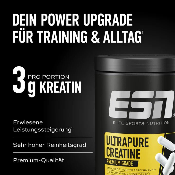 ESN Ultrapure Creatine Kapseln, 300 Kapseln, Nahaufnahme der weißen Kapseln in einer offenen Verpackung