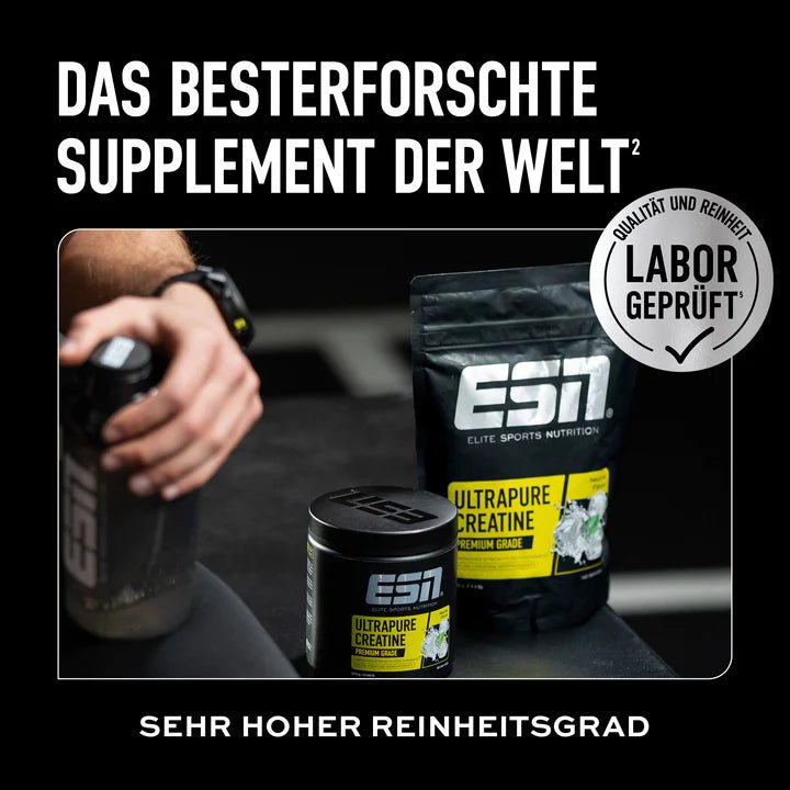 ESN Ultrapure Creatine Pulver in neutraler Form, 500g, für Muskelaufbau und Leistungssteigerung, sichtbar in der Verpackung