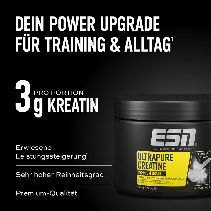 ESN Ultrapure Creatine Pulver in neutraler Form, 500g, zeigt das weiße Kreatinpulver in einer transparenten Verpackung