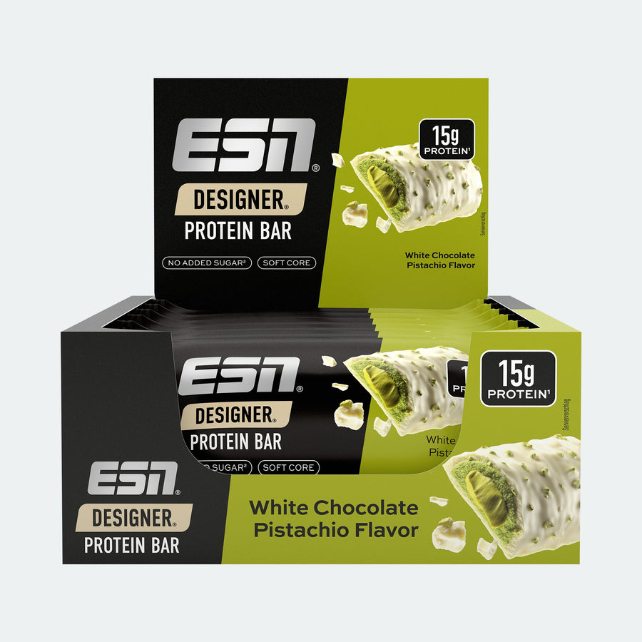 ESN Designer Protein Riegel mit weißer Schokolade und Pistazien, 12 Stück à 45g, zeigt die proteinreiche Snack-Option.