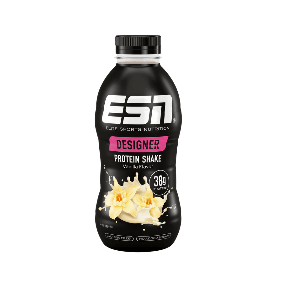 Vani­ller ESN Designer Protein Shake in 330 ml Flasche, cremiger Eiweißdrink in elegant Design auf weißem Hintergrund