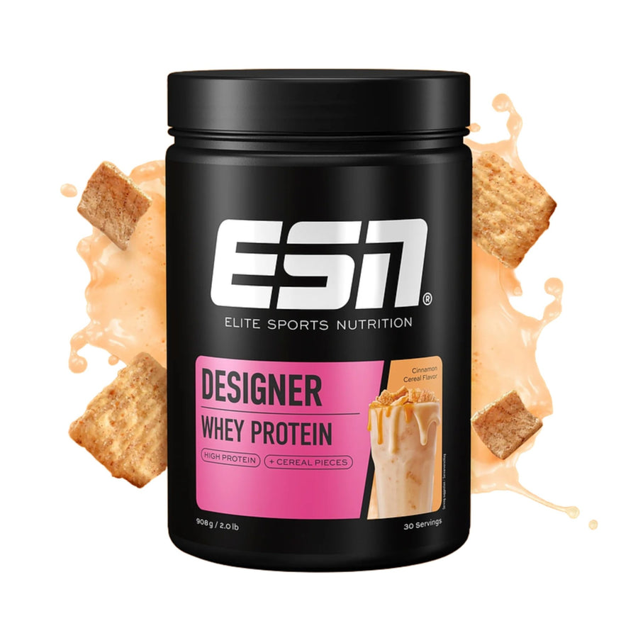ESN Designer Whey Protein in 908 g Dose, cremige Textur, Pulverform, ideal für Muskelaufbau, in einer transparenten Dose sichtbar