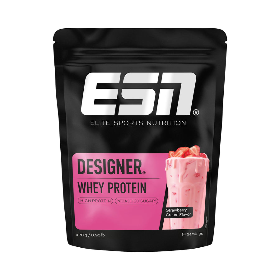 ESN Designer Whey Protein Erdbeer Creme in 420g Beutel, hochwertiges Molkenprotein für Sport und Muskelaufbau.