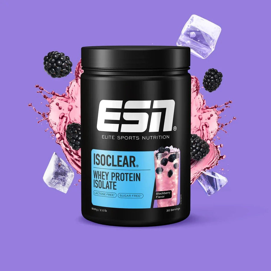 ESN Isoclear Whey Protein Isolate BlackBerry in 908g Dose, transparent Pulver mit Brombeergeschmack, proteinreich und fettarm