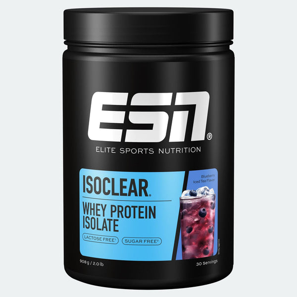 ESN Isoclear Whey Protein Isolate in Blueberry Iced Tea Geschmacksrichtung, transparent Pulverdose mit blauer Etikette