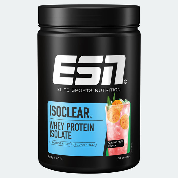 ESN Isoclear Whey Protein Isolate mit Kaktusfrucht Geschmack, klare Proteinquelle in Flasche, weißes Pulver und Kaktusfrucht-Flavor