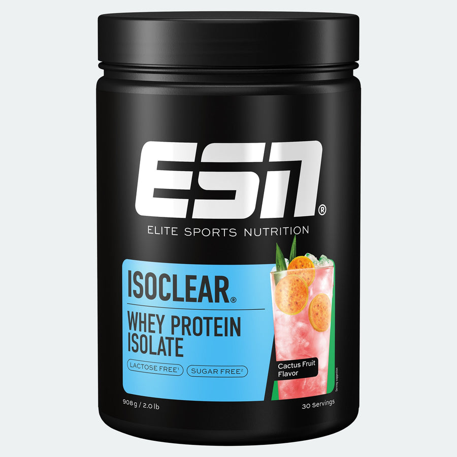 ESN Isoclear Whey Protein Isolat mit Kaktusfrucht-Geschmack in einer transparenten Flasche, Pulver mit pinker Kaktusfrucht-Akzent.