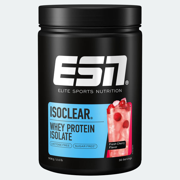 ESN Isoclear Whey Protein Isolate in Geschmack frische Kirsche, transparent Pulver mit Messbecher, bei Sporternährung.
