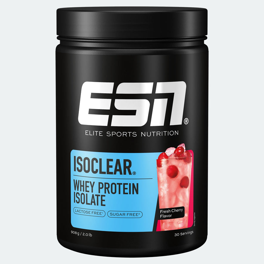 ESN Isoclear Whey Protein Isolat in frischer Kirscharoma, transparent Flasche mit Pulver, ideal für Muskelaufbau und Fitness.