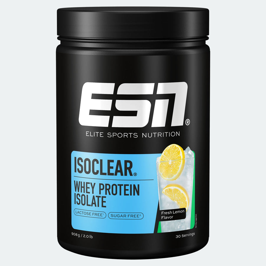 ESN Isoclear Whey Protein Isolate mit frischer Zitronengeschmacksrichtung in transparenter Flasche, ideal für Protein-Shakes.