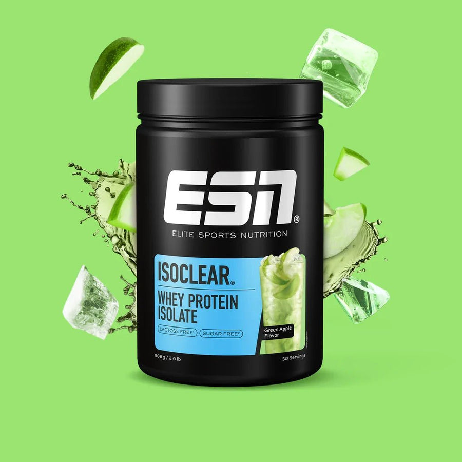 ESN Isoclear Whey Protein Isolate Green Apple 908g, transparent Getränkepulver mit grünem Apfelgeschmack, in Beutel verpackt