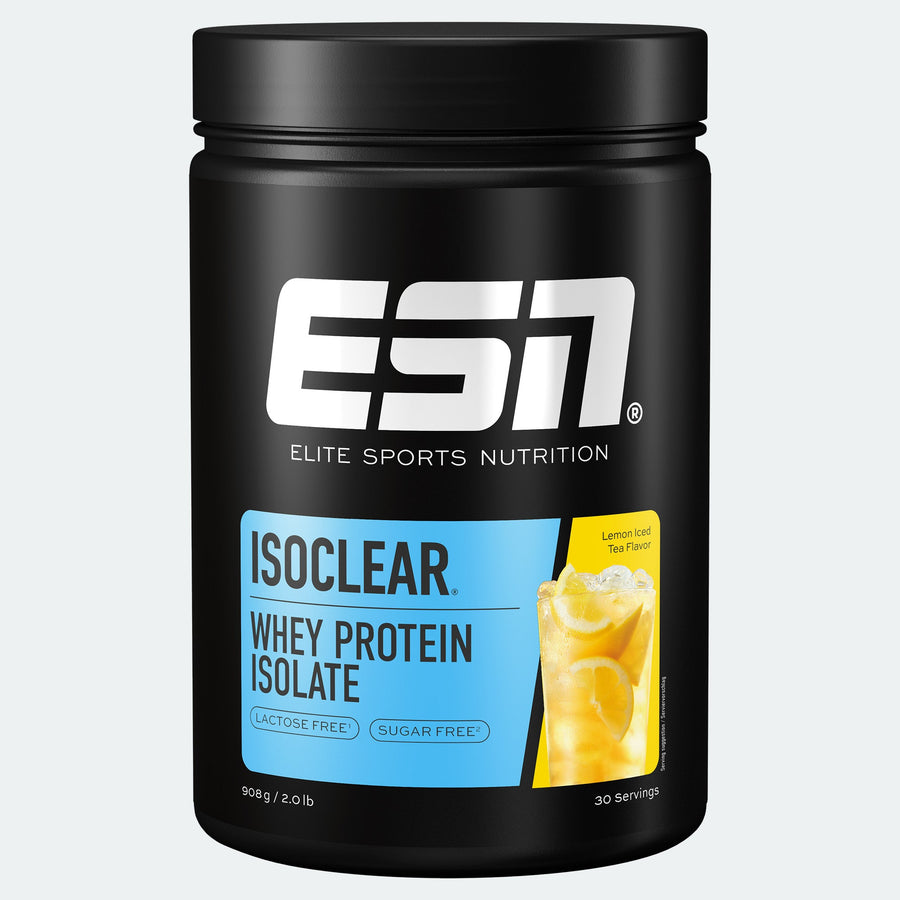 ESN Isoclear Whey Protein Isolat Lemon Iced Tea in Pulverform, transparent Beutel mit Pulver, für Protein-Shakes