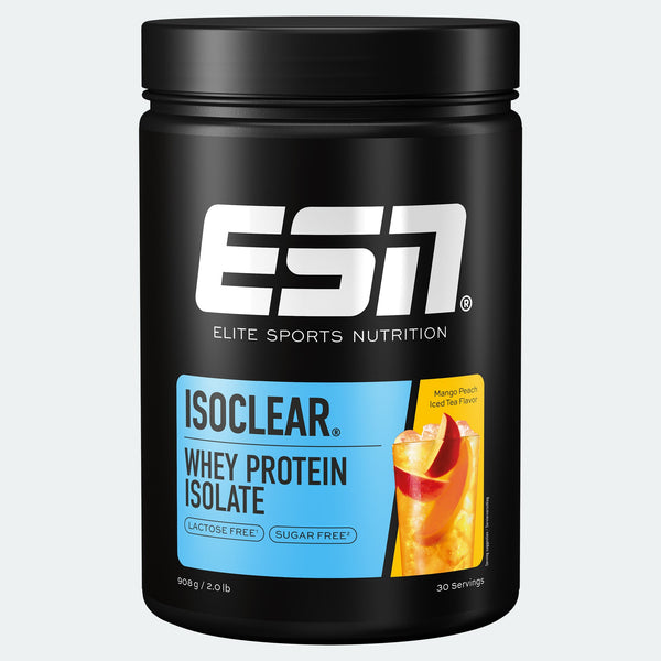 ESN Isoclear Whey Protein Isolat Mango-Peach Eistee, klare Proteinquelle in einer transparenten Flasche, mit Mango- und Pfirsichgeschmack