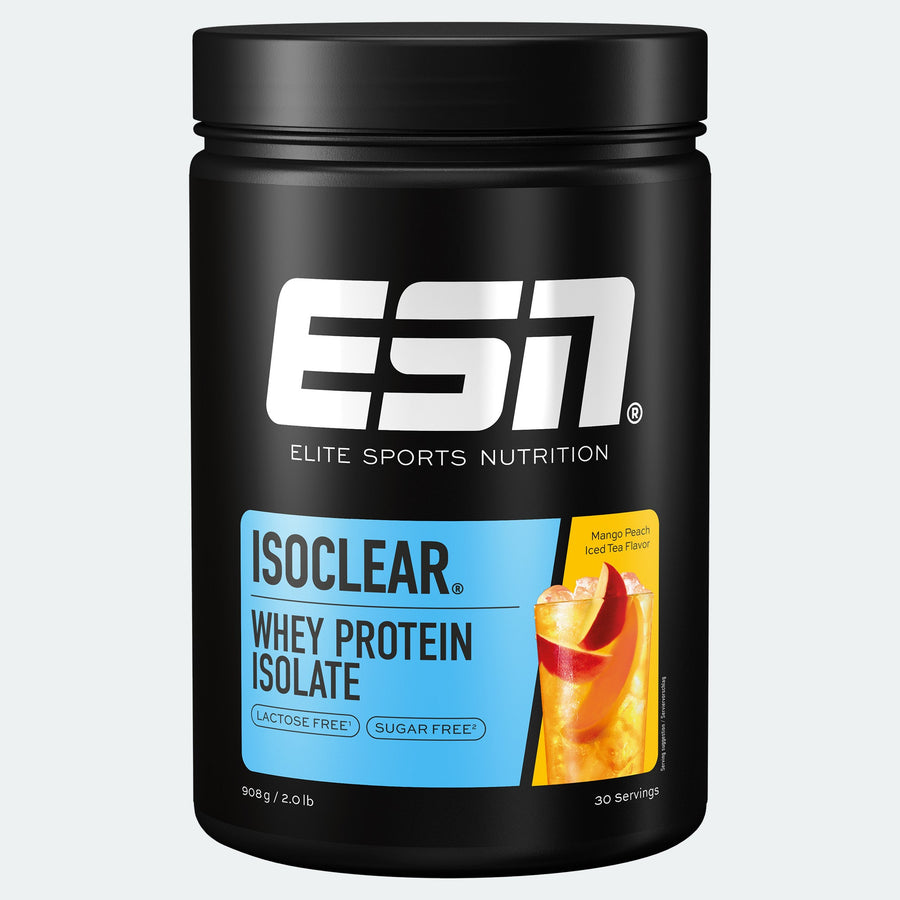 ESN Isoclear Whey Protein Isolat Mango-Peach Eistee, klare Proteinquelle in einer transparenten Flasche, mit Mango- und Pfirsichgeschmack