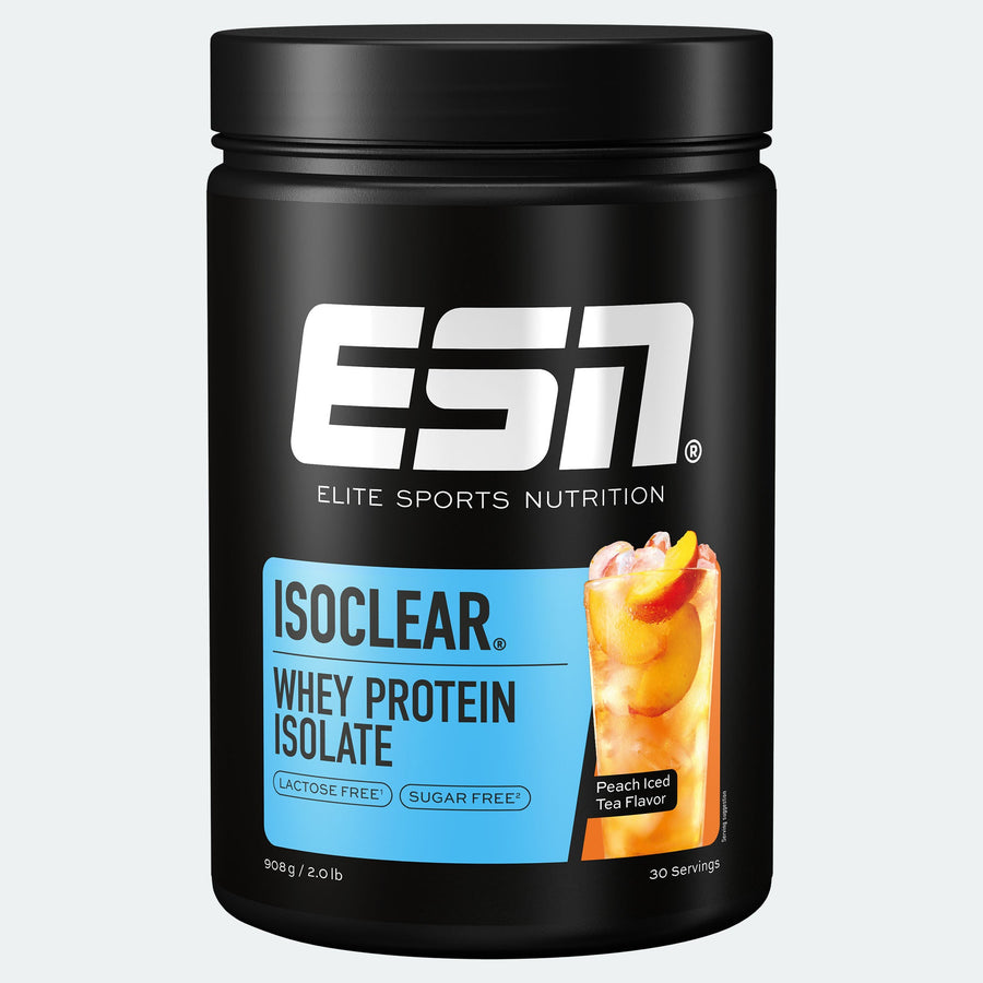 ESN Isoclear Whey Protein Isolat Peach Iced Tea Flasche mit Pulver, transparent, mit Peach Iced Tea Geschmack, für Sport und Fitness