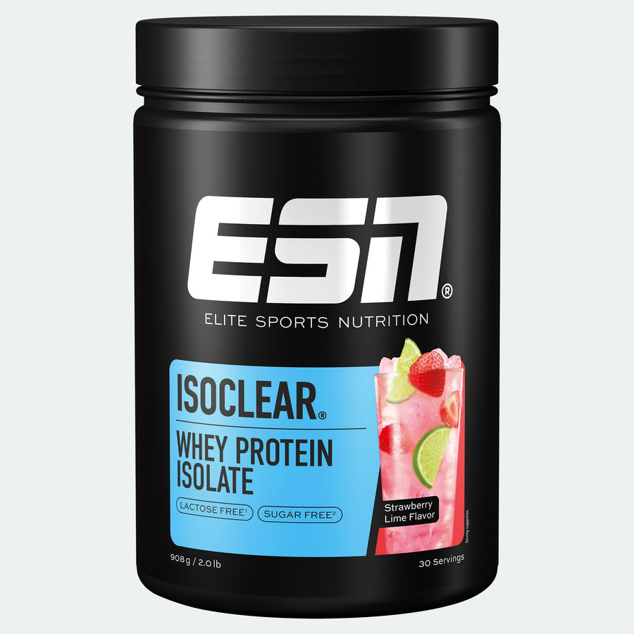 Hellrosafarbene ESN Isoclear Whey Protein Isolat mit Erdbeer-Limette Geschmack in transparentem Pulverbeutel.