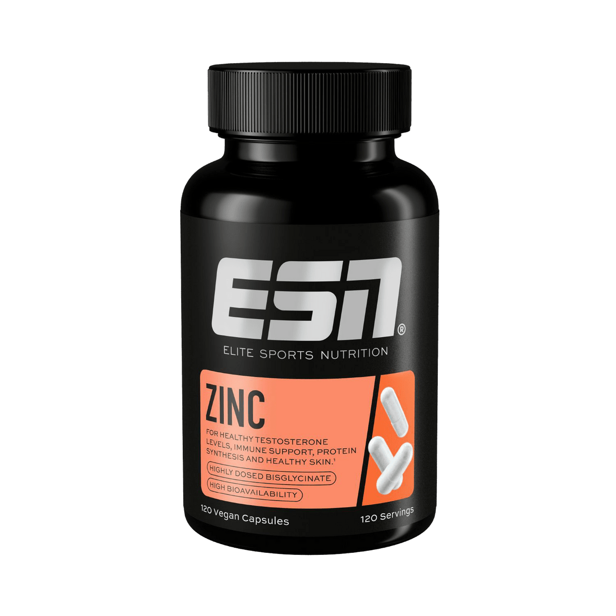ESN Zink Kapseln für Knochen und Gelenke, Nahaufnahme der weißen Kapseln in einer Flasche, gesundheitsförderndes Supplement.