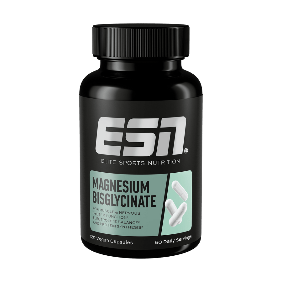ESN Magnesium Bisglycinate 120 Kapseln für Schlaf und Erholung, zeigt die Verpackung mit Kapseln auf weißem Hintergrund