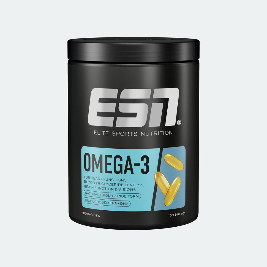ESN Omega-3 Kapseln, 300 Stück, omega-3 Fettsäuren in einer transparenten Flasche auf weißem Hintergrund