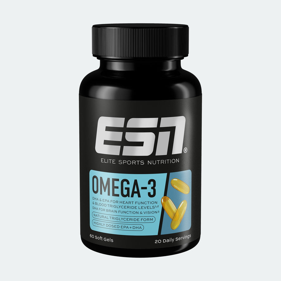 ESN Omega-3 Kapseln in einer weißen Packung, Nahrungsergänzungsmittel für gesunde Fettsäuren, Nahaufnahme der Verpackung